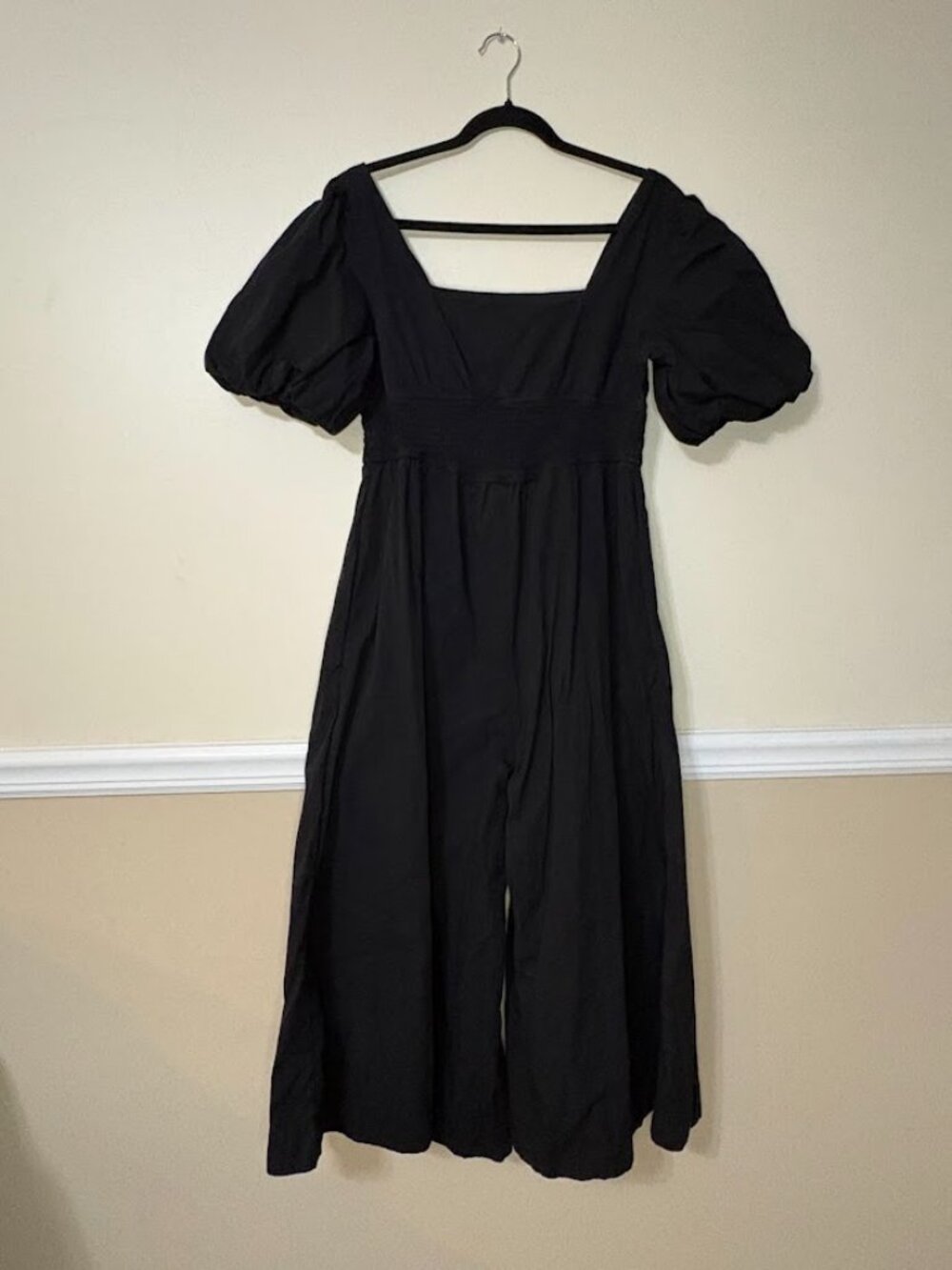 Maeve Anthropologie Black Puff Sleeve Midi Jumpsuit Cotton M - Picture 2 of 4